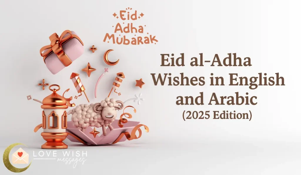 Festive Eid al-Adha design with sheep, lantern, and gift symbolizing Islamic wishes in English and Arabic (2025)