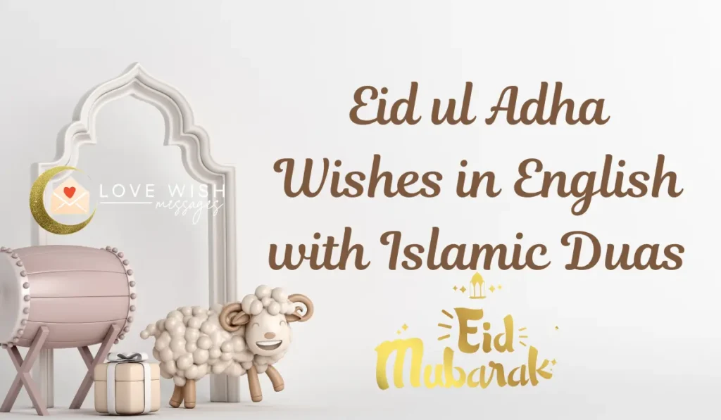 Eid ul Adha greeting in English with dua message and happy sheep illustration – perfect for Islamic Eid wishes and spiritual duas