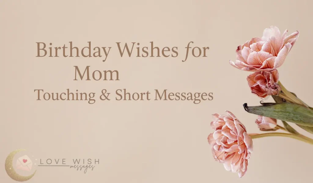 Elegant beige background with soft floral accent and golden serif title text: “Birthday Wishes for Mom – Touching & Short Messages.” Perfect header for birthday wishes for mom USA article.