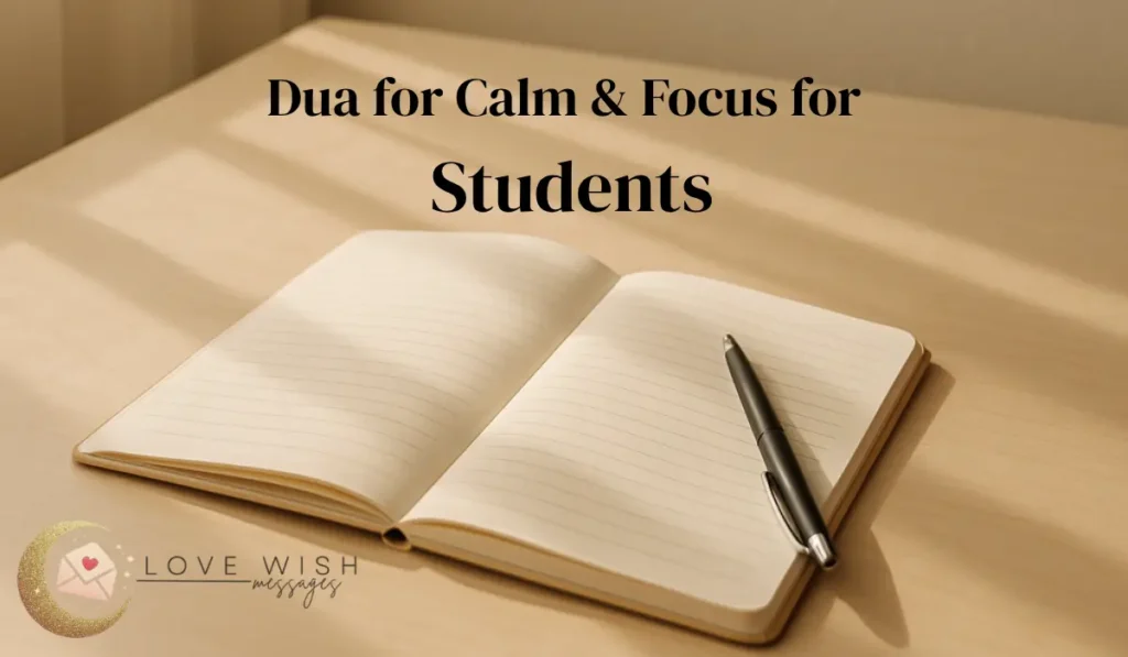 Student dua for success and focus, open notebook on desk with warm sunlight