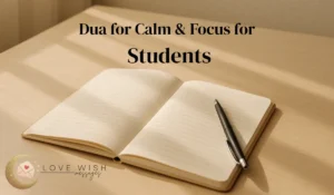Student dua for success and focus, open notebook on desk with warm sunlight