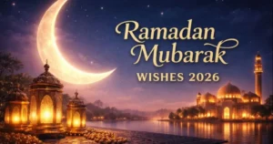 Ramadan Mubarak Wishes 2026 crescent moon mosque night