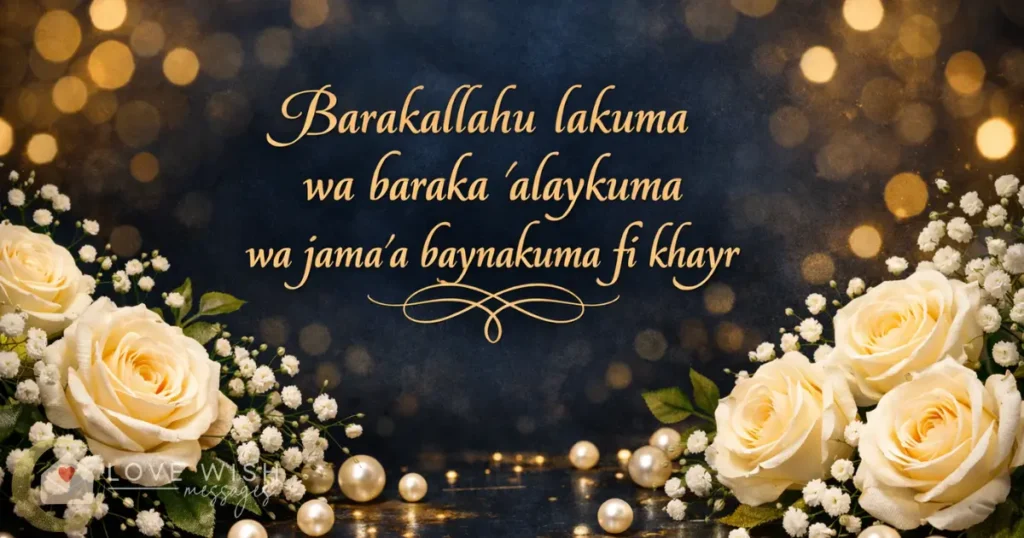 Barakallahu lakuma Islamic wedding dua card with gold text and white roses