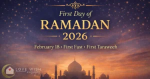 First day of Ramadan 2026 greeting image with peaceful Islamic design and spiritual atmosphere
