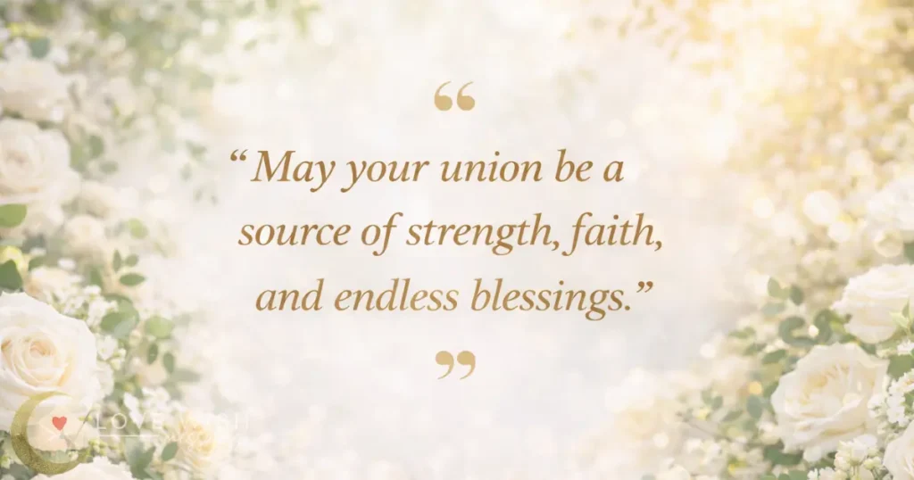 Islamic wedding blessing quote about strength faith and endless blessings with soft floral background
