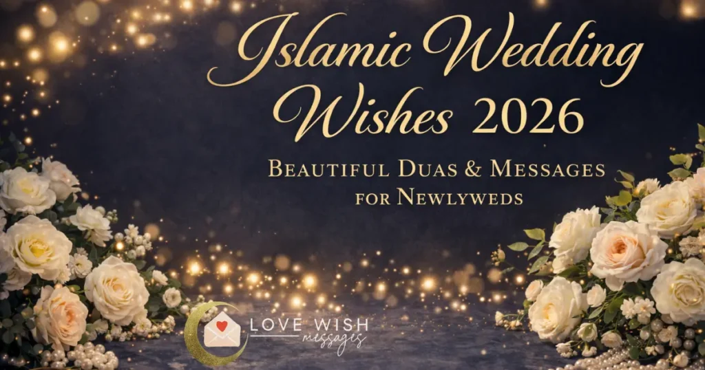 Islamic wedding wishes 2026 with gold calligraphy on navy blue floral background
