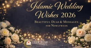 Islamic wedding wishes 2026 with gold calligraphy on navy blue floral background