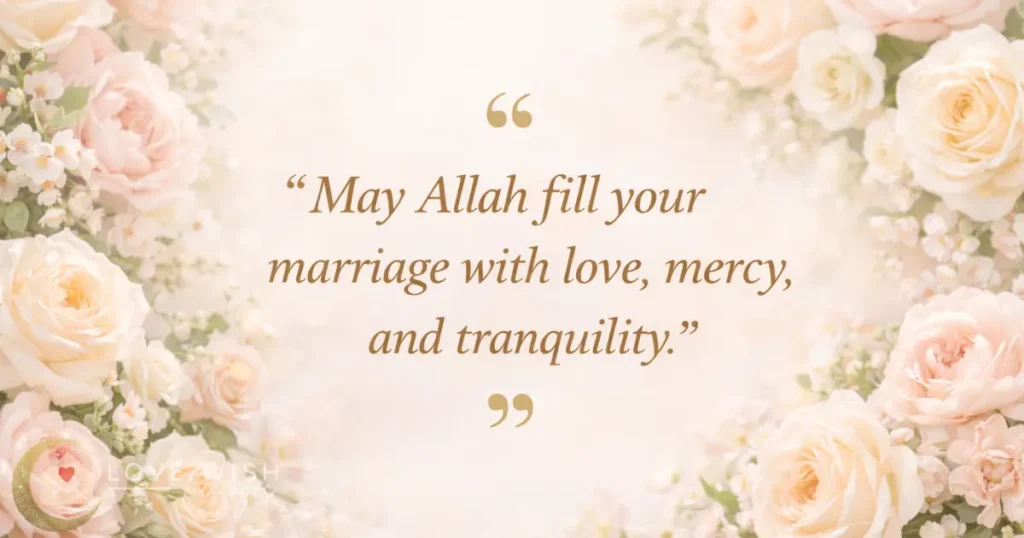 May Allah bless your marriage quote with cream roses and peaceful wedding background