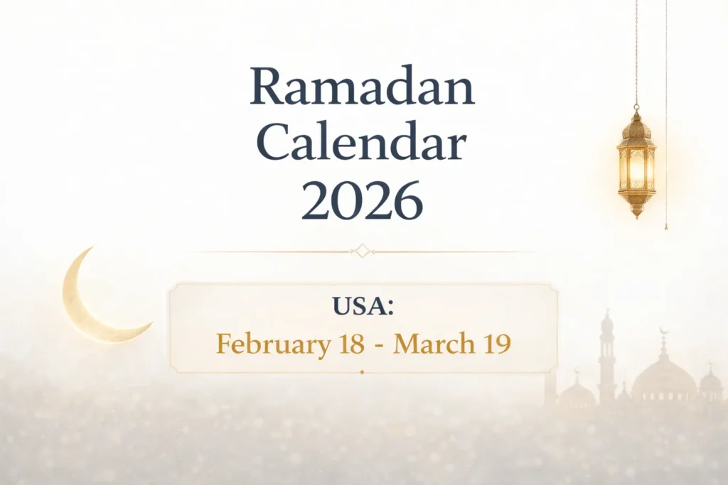 Ramadan Calendar 2026 USA with daily Suhoor and Iftar times for major US cities in landscape format