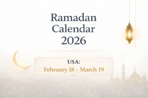 Ramadan Calendar 2026 USA with daily Suhoor and Iftar times for major US cities in landscape format