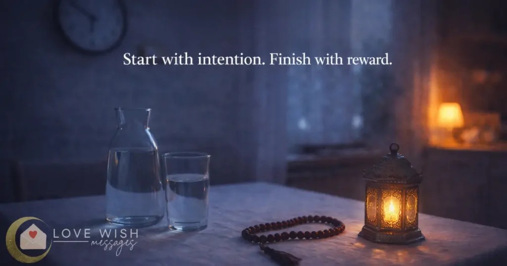 Ramadan fasting scene with water glass, tasbih and lantern during evening reflection