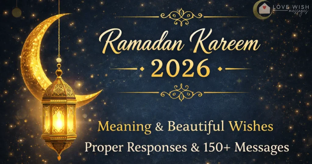 Ramadan Kareem 2026 greeting design with elegant gold typography and beautiful wishes background