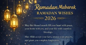 Ramadan Wishes 2026 greeting card with golden lanterns, crescent moon, and heartfelt blessing message on blue background