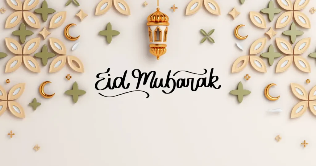 Elegant Eid Mubarak greeting with Islamic lantern decoration and festive background