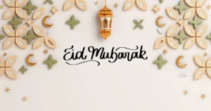 Elegant Eid Mubarak greeting with Islamic lantern decoration and festive background